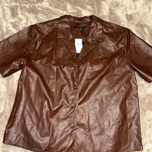 Brown Faux Leather Button-Up Shirt